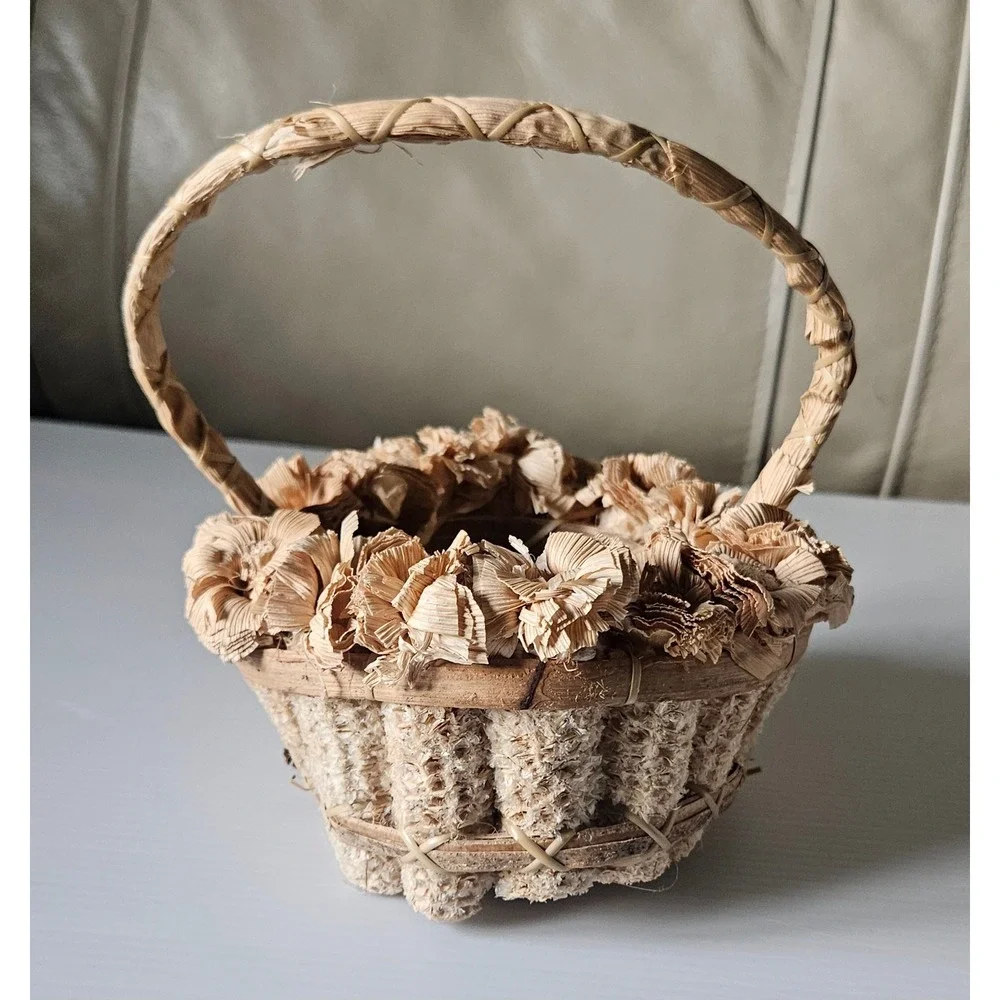 Vintage Natural Corn Husk and Cob Decorative Basket with Floral Trim Rustic Folk